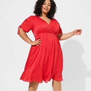 Torrid midi Dobby satin surplice faux wrap red dress